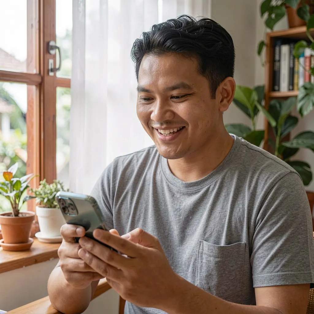 Happy Filipino man reading casino updates on the SINA66 mobile app with natural daylight streaming through a home window