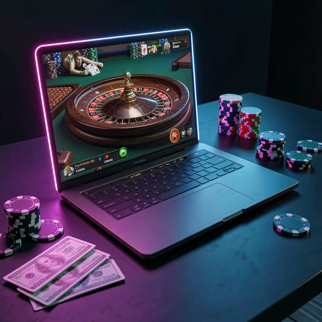Stylish online roulette gameplay on a laptop surrounded by poker chips and cash with moody lighting representing the immersive casino atmosphere of SINA66 in the Philippines