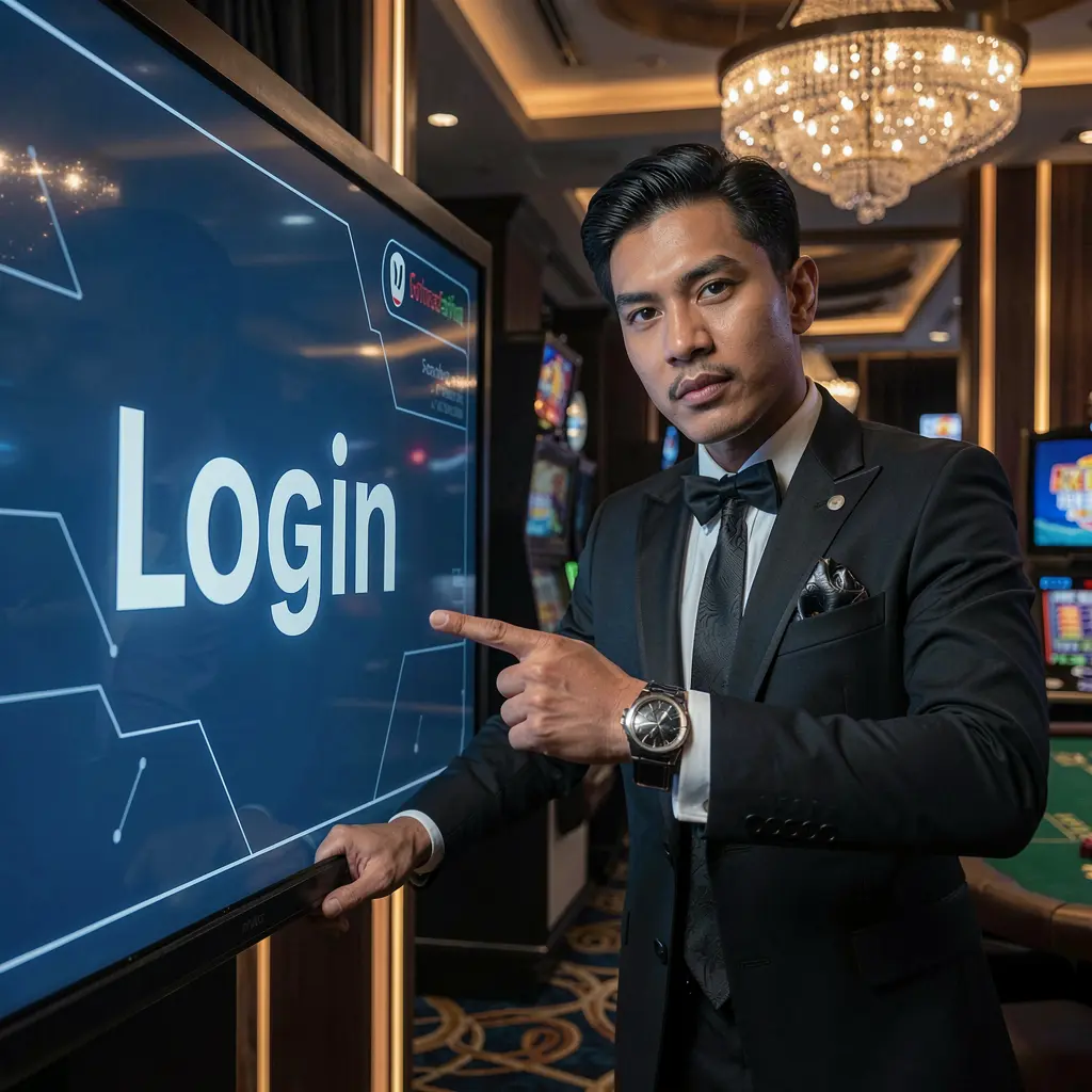 Professional Filipino casino dealer in a red vest pointing at a glowing login screen inside a modern SINA66 casino environment