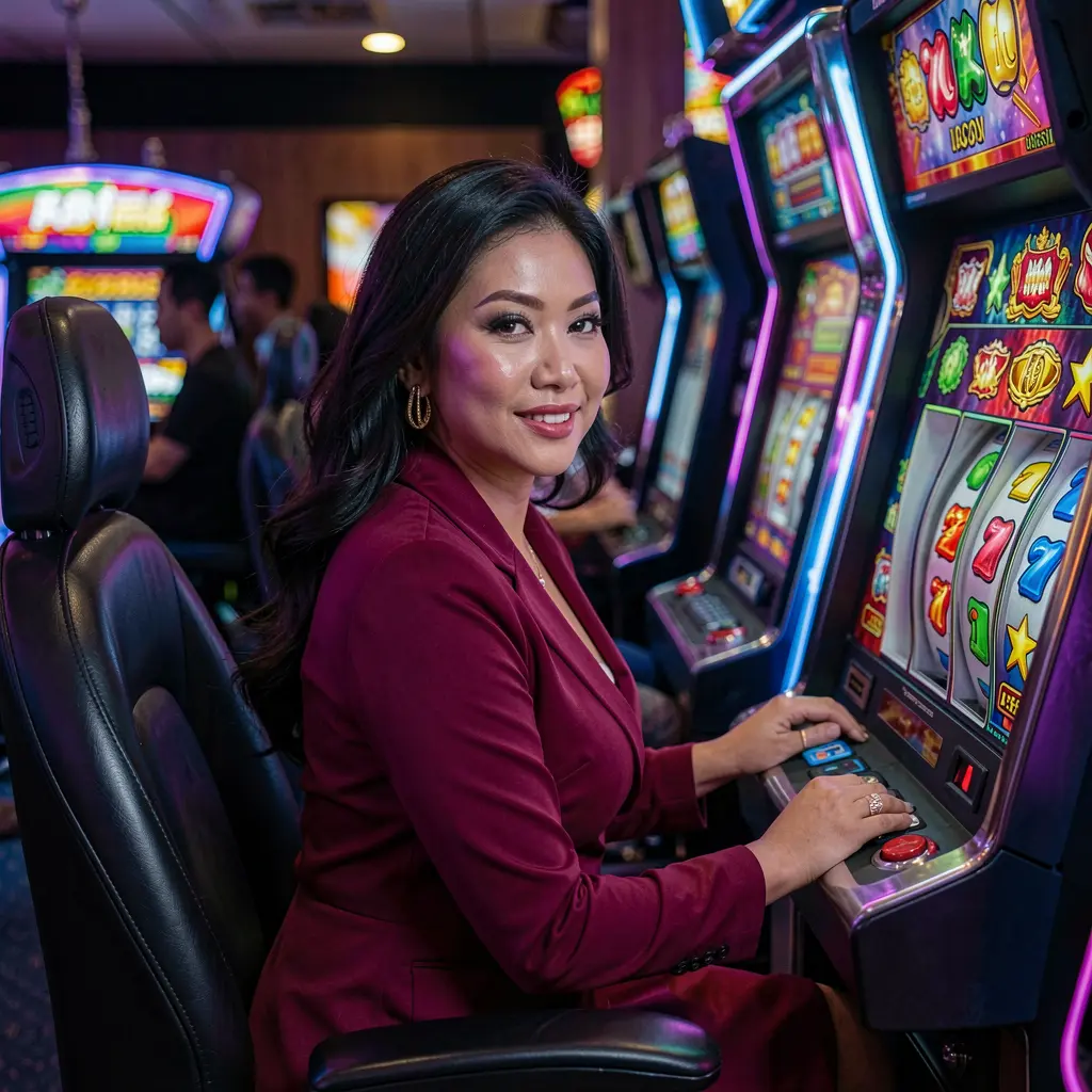 Confident Filipino woman enjoying vibrant slot machine gameplay with glowing reels and jackpot symbols at SINA66 casino platform